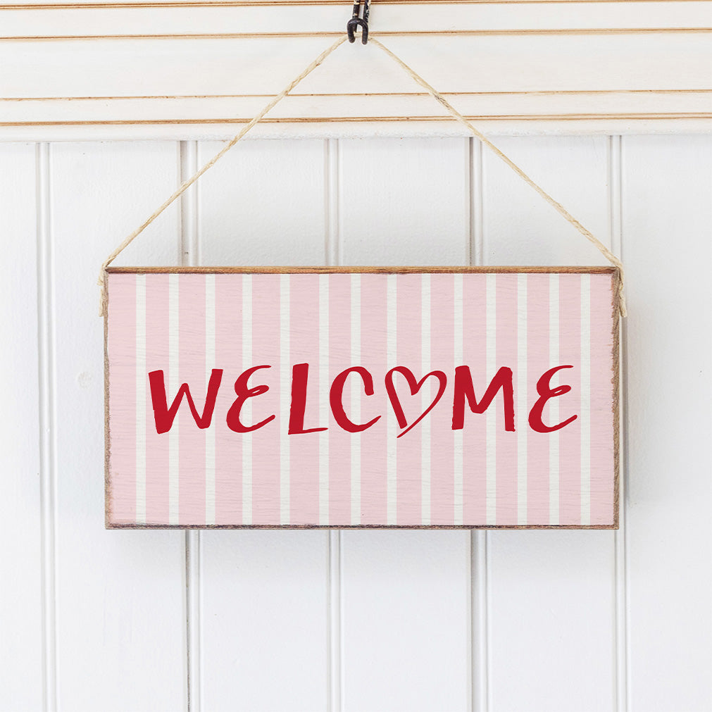 Rustic Marlin Twine Sign Pink Striped Welcome Heart