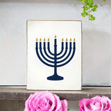 Rustic Marlin - Wood Block - Menorah - White/Gold/Blue