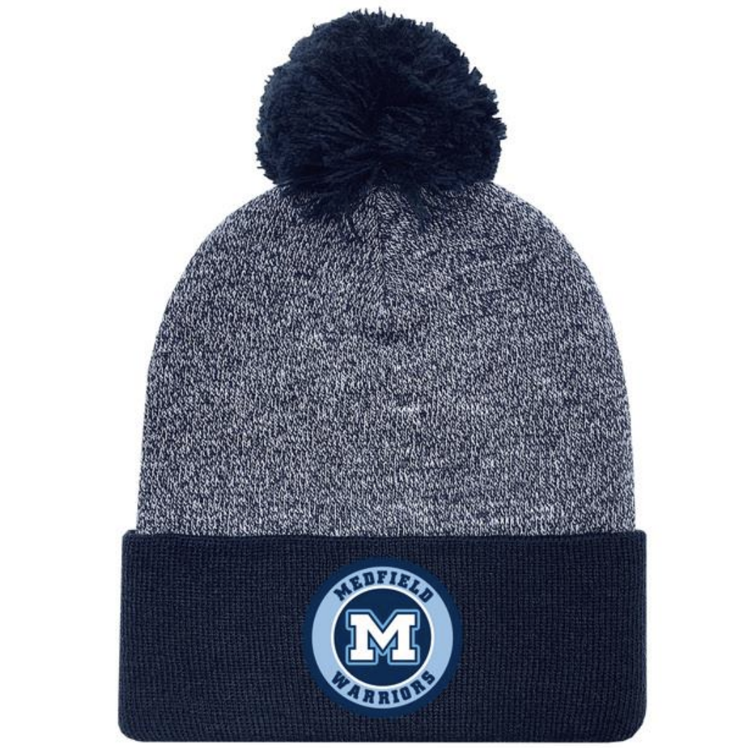 Legacy - Adult Knit Hats - Navy Marled with Medfield Circle - Pom Cuffed